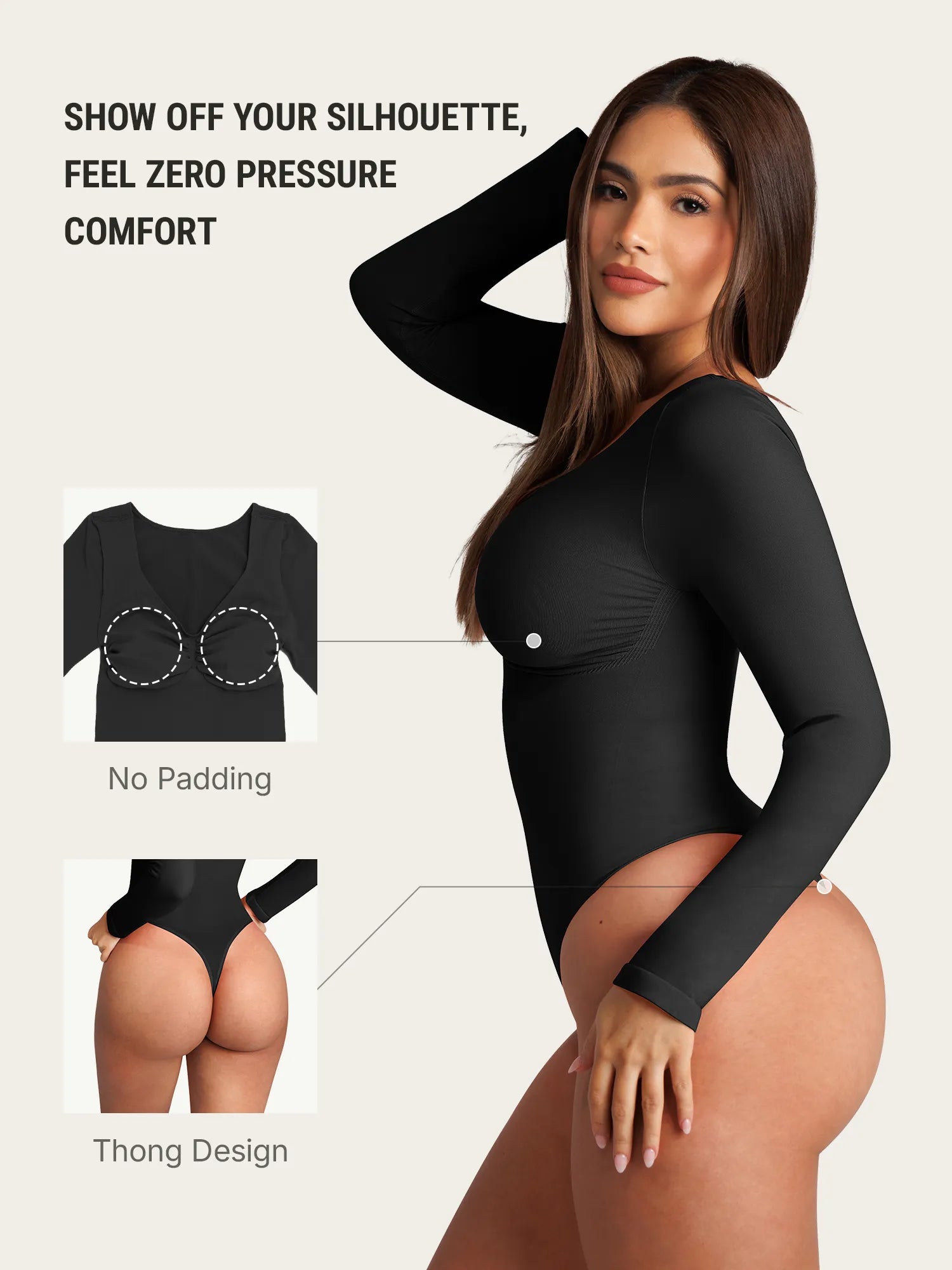 Feelingirl Seamless Long Sleeve Tummy Control Thong Bodysuit