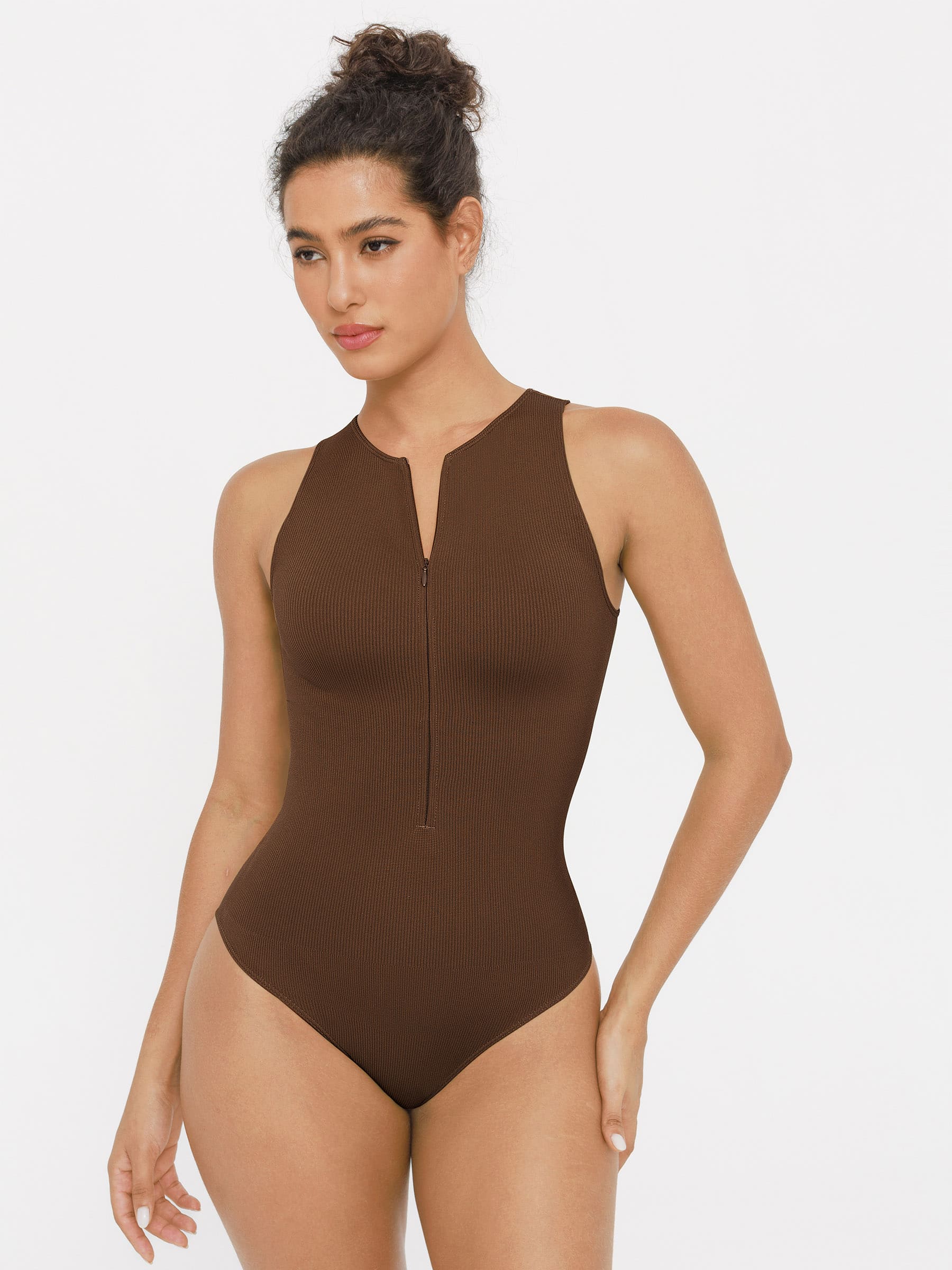 Divinegirl Ribbed Seamless Bodysuit with Crew Neck and Invisible Zip