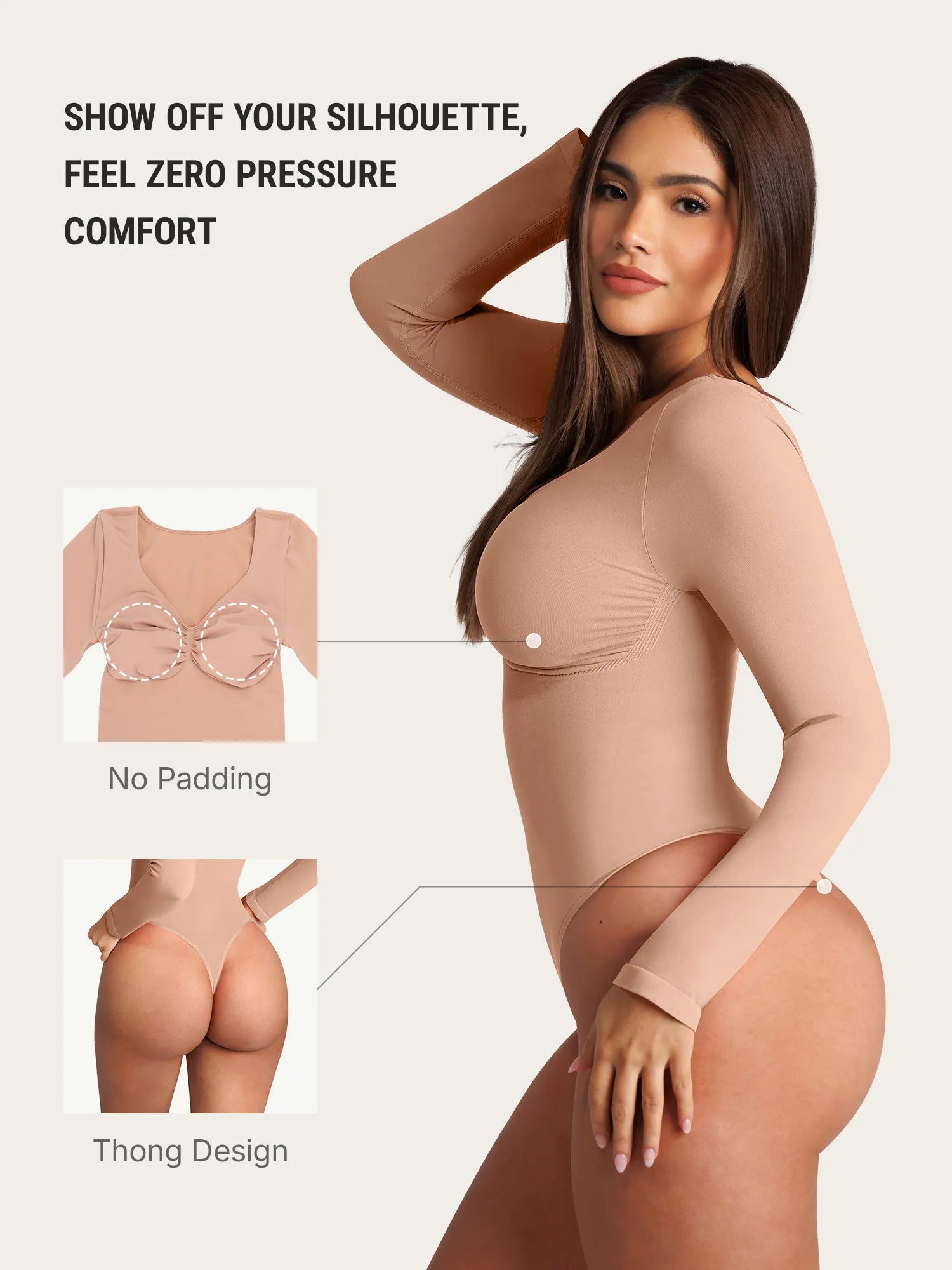 Feelingirl Seamless Long Sleeve Tummy Control Thong Bodysuit