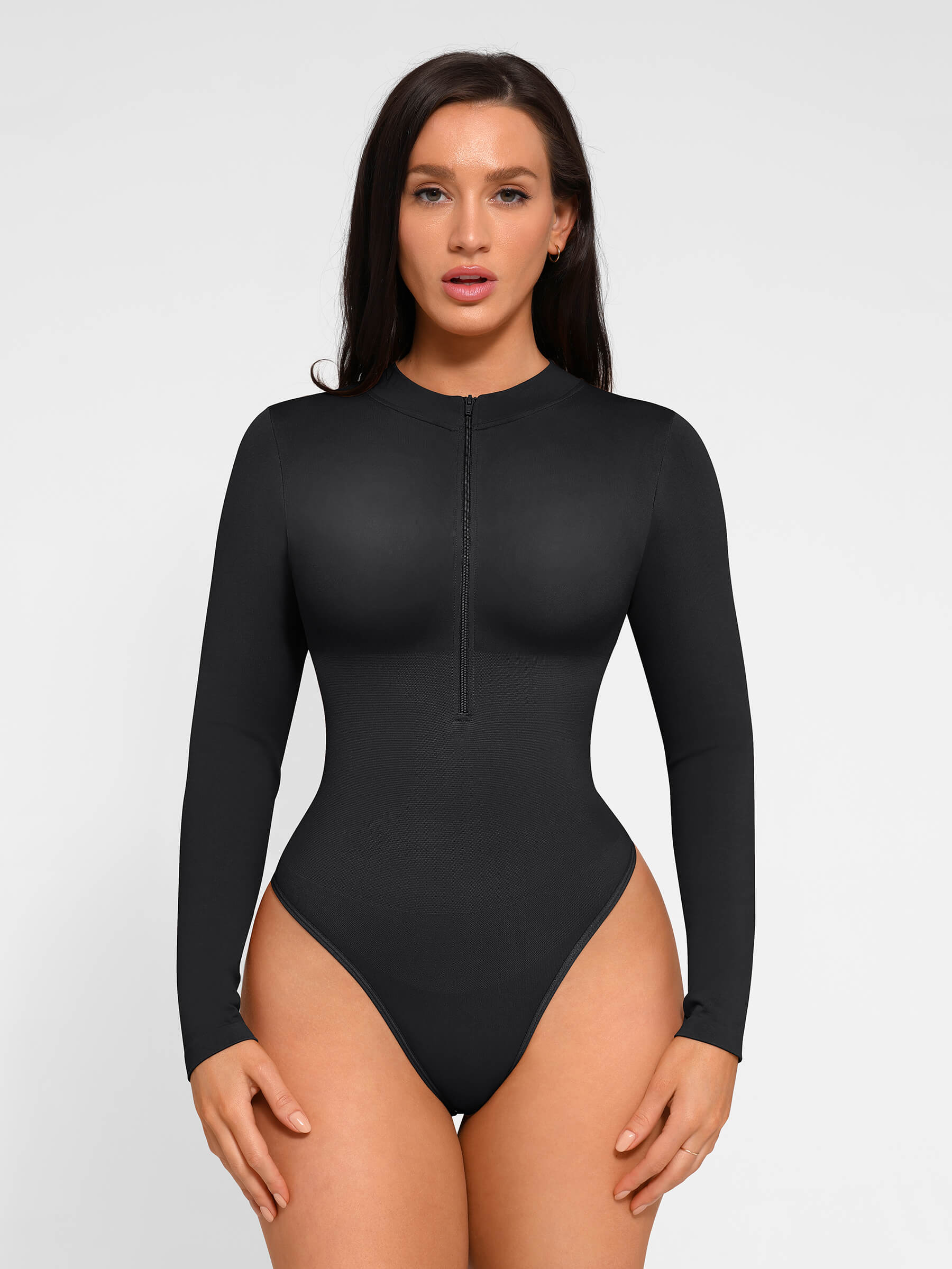 Feelingirl Seamless Long Sleeve Zipper Thong Bodysuit [BOGO]