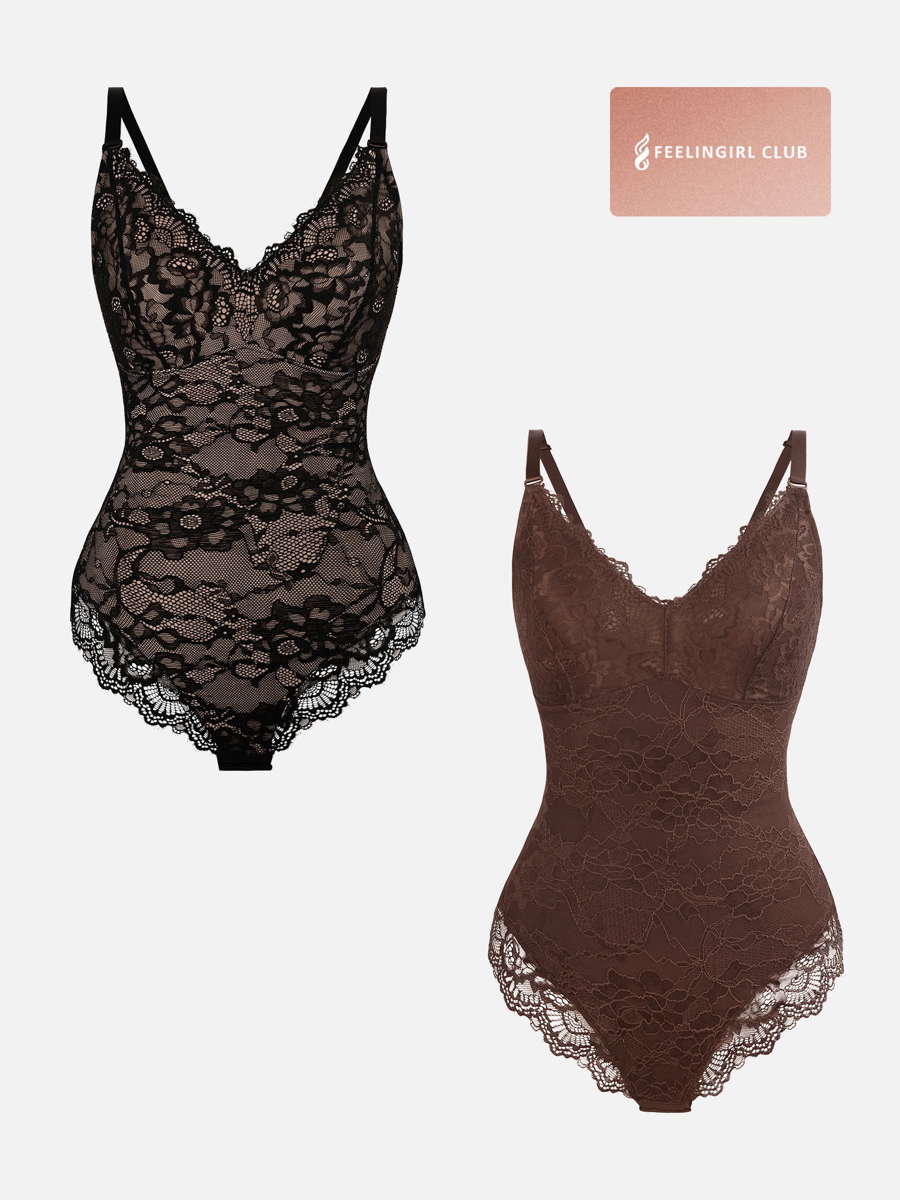 Feelingirl 2-Pack Lace V Neck Full Bodysuit Bundle