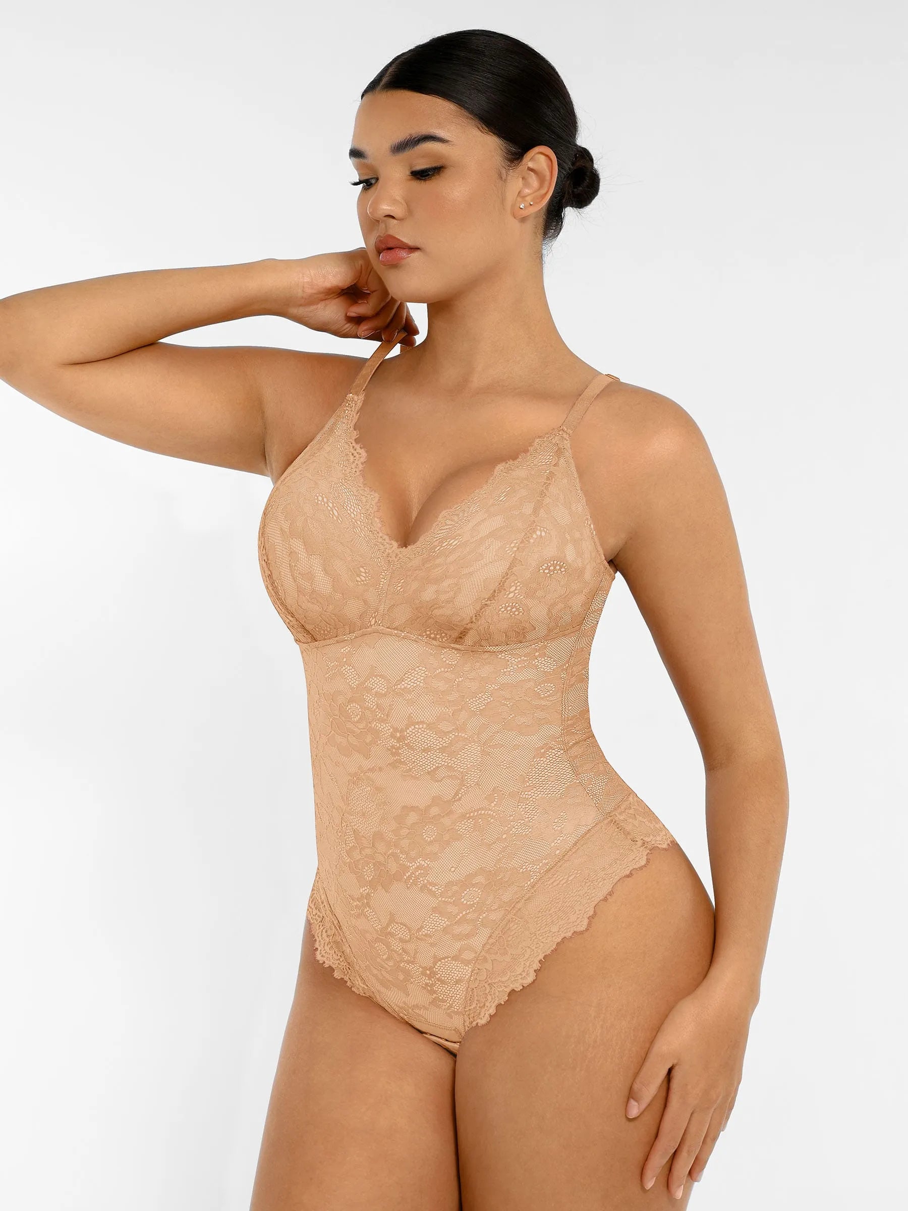 Feelingirl Lace V Neck Full Thong Bodysuit