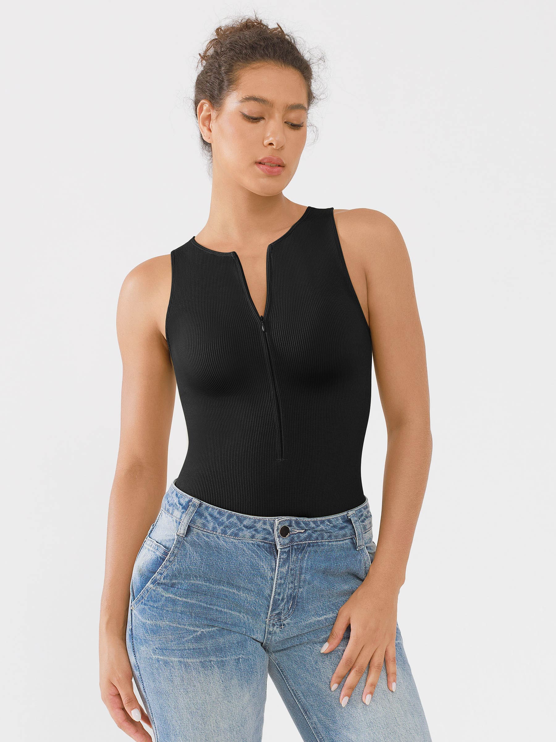 Divinegirl Ribbed Seamless Bodysuit with Crew Neck and Invisible Zip