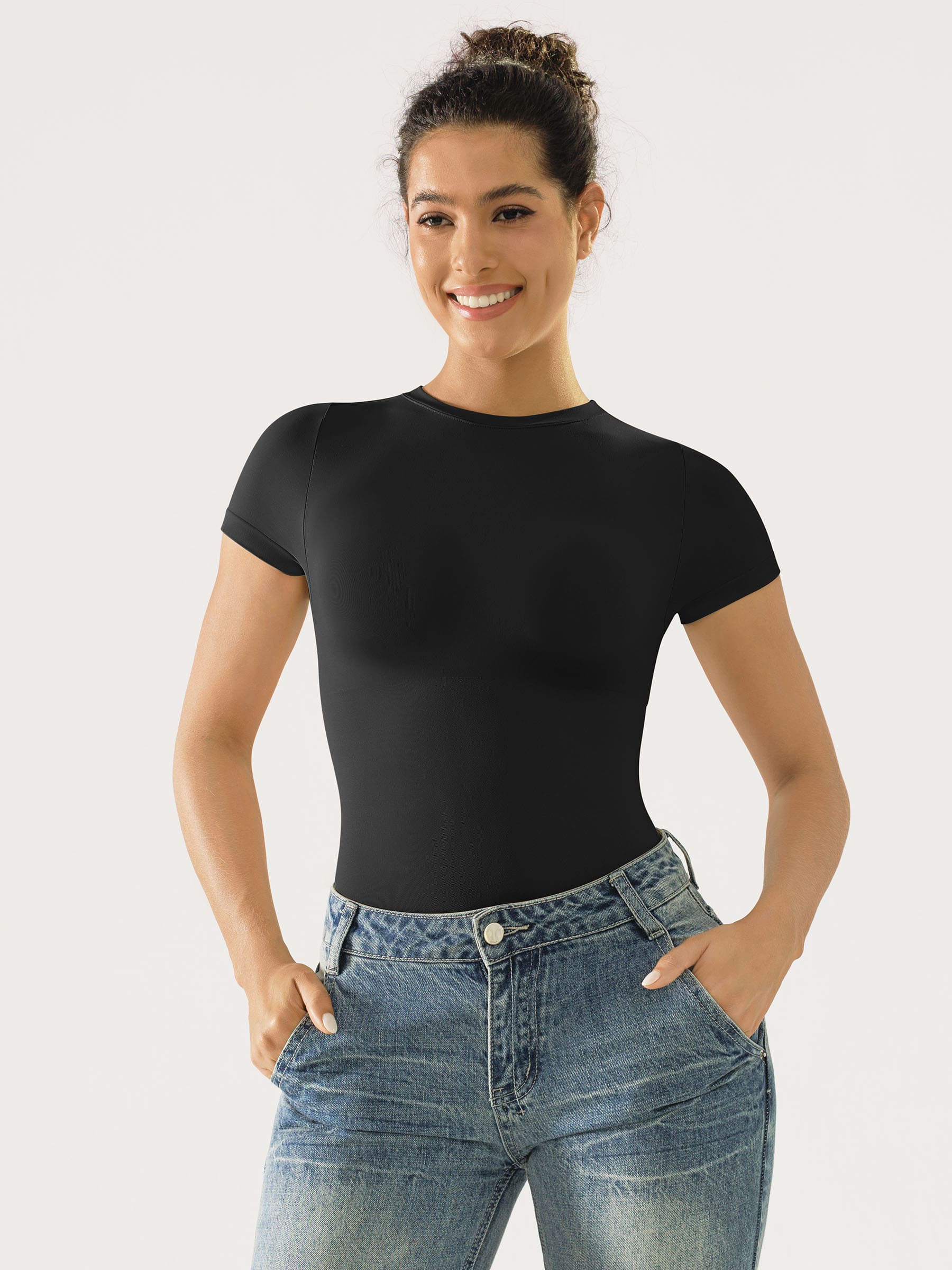 Feelingirl Seamless Bodysuit Smooth Soft Fabric Crew Neck Short Sleeve