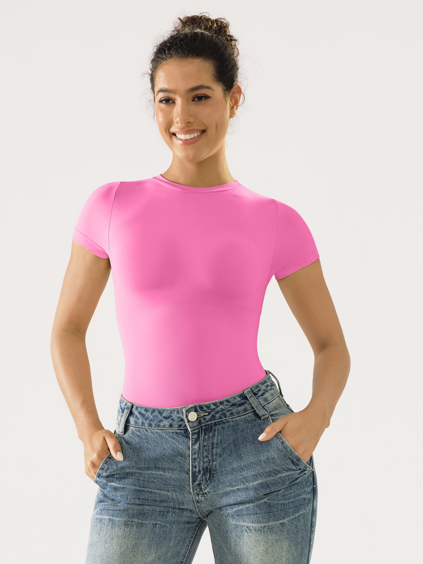 Feelingirl Seamless Bodysuit Smooth Soft Fabric Crew Neck Short Sleeve