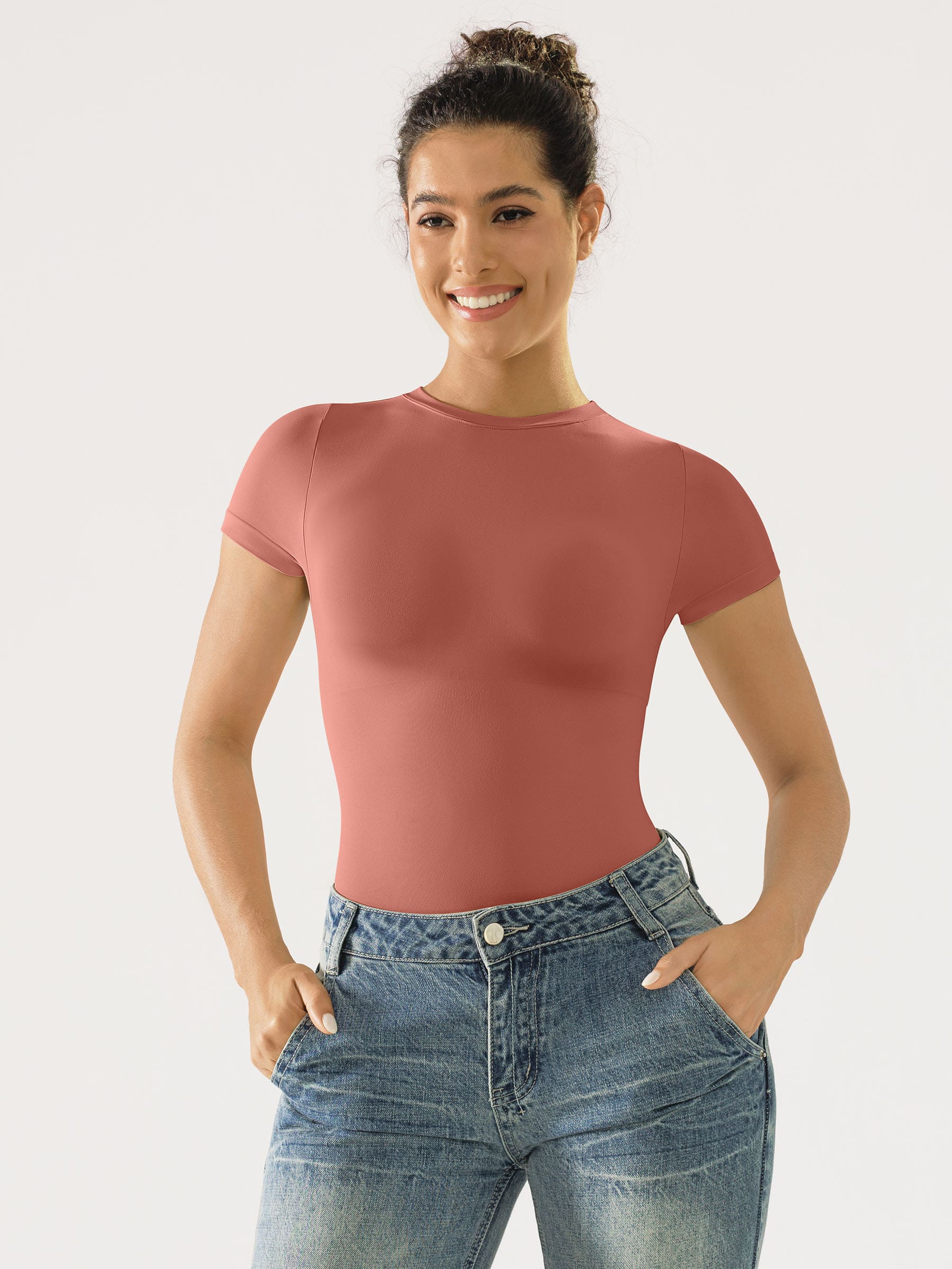 Feelingirl Seamless Bodysuit Smooth Soft Fabric Crew Neck Short Sleeve