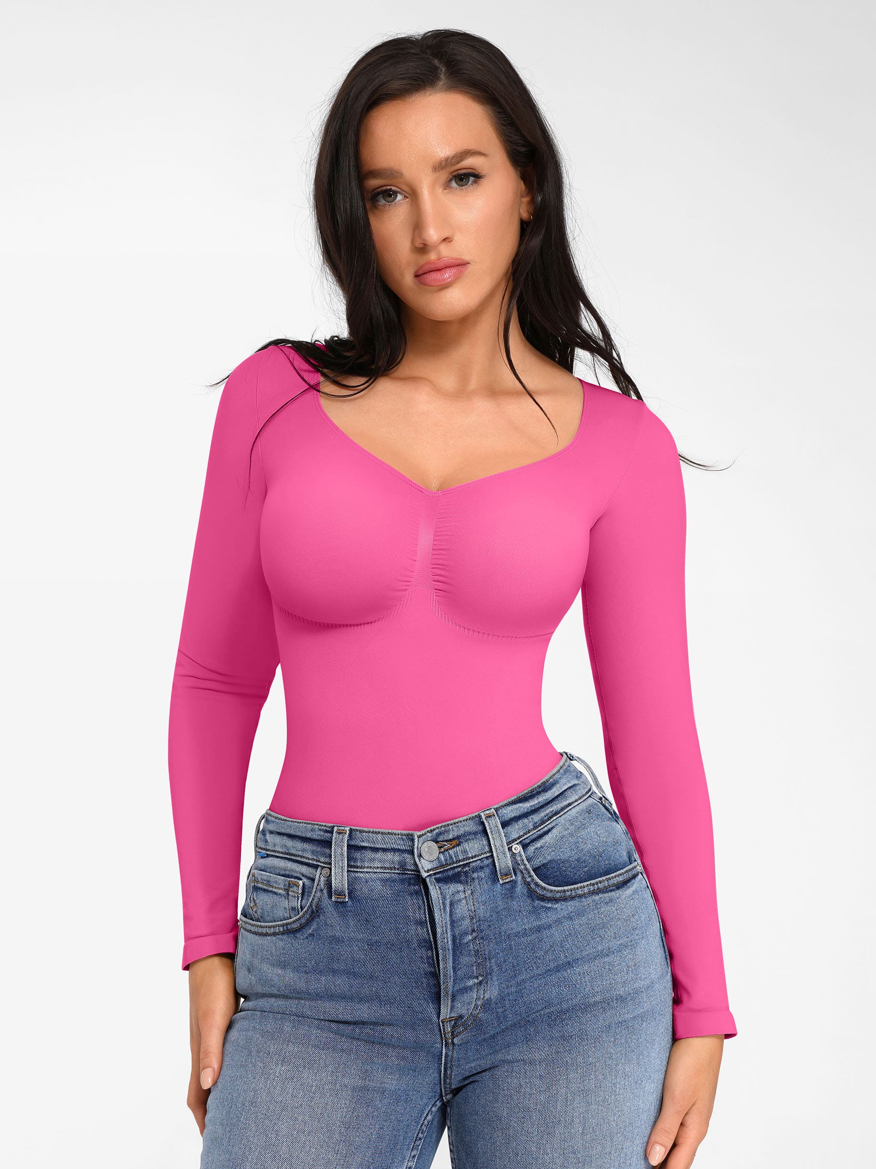 Feelingirl Seamless Long Sleeve Chest Support Tummy Control Thong Bodysuit