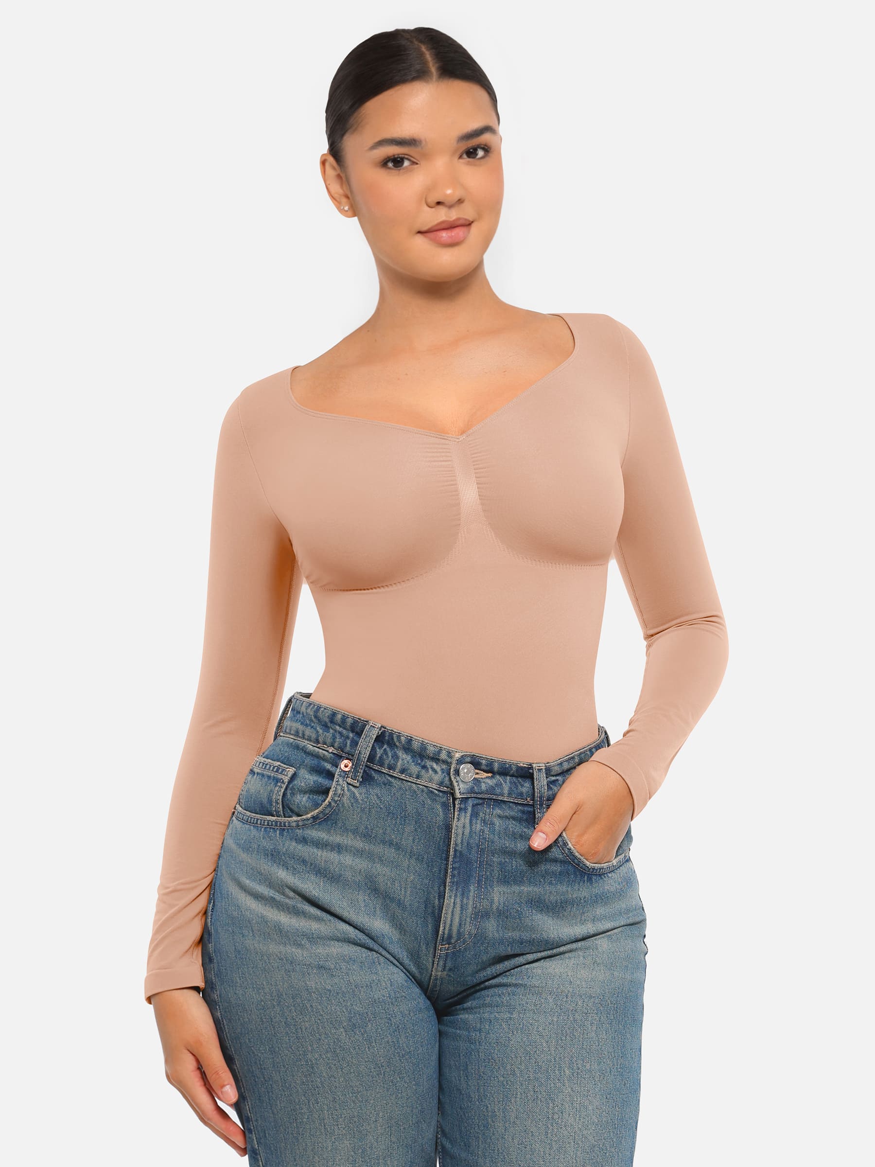 Feelingirl Seamless Long Sleeve Tummy Control Thong Bodysuit