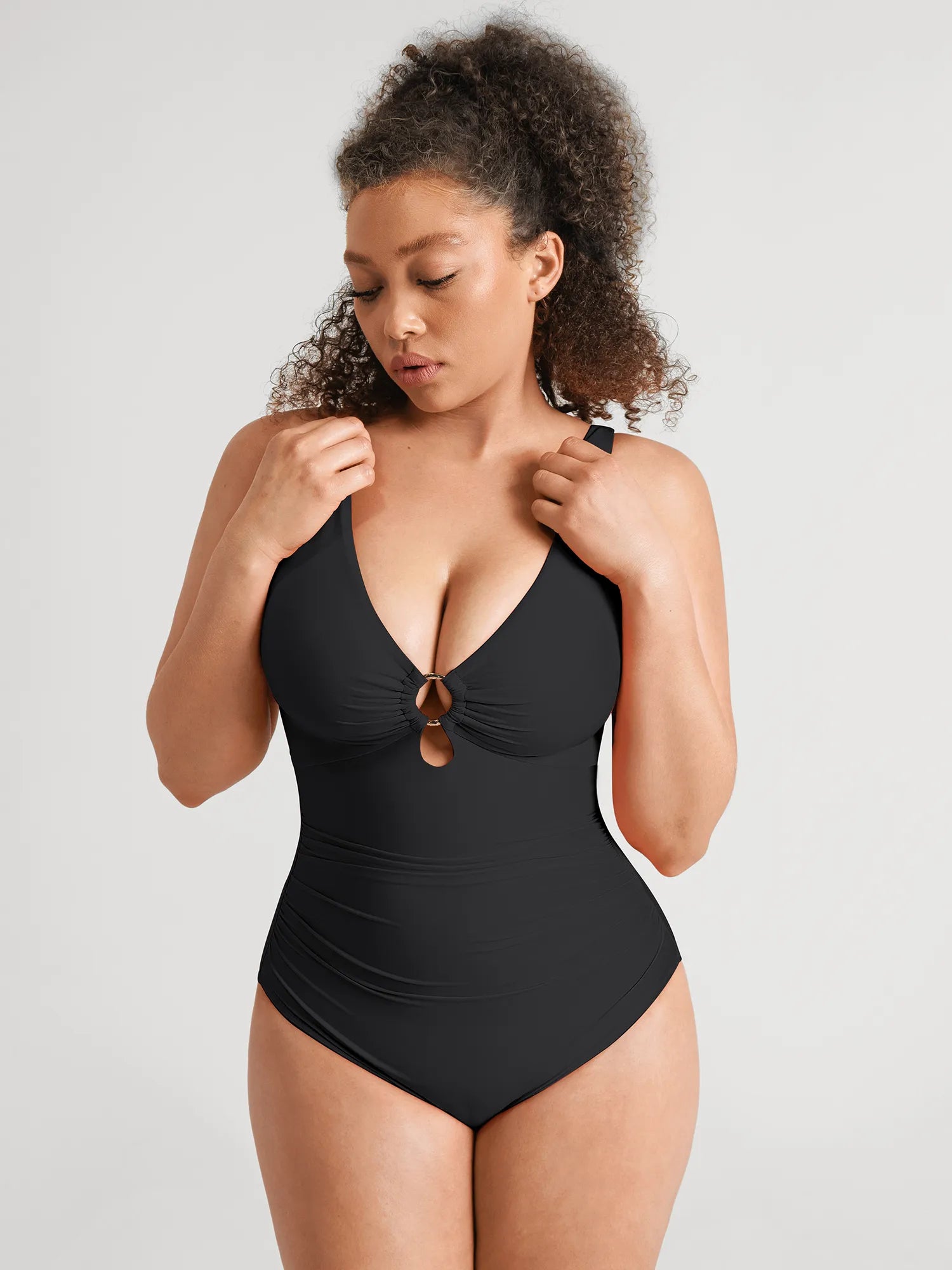 Feelingirl Deep V Metal Ring Ruched Sculpting Swimsuit