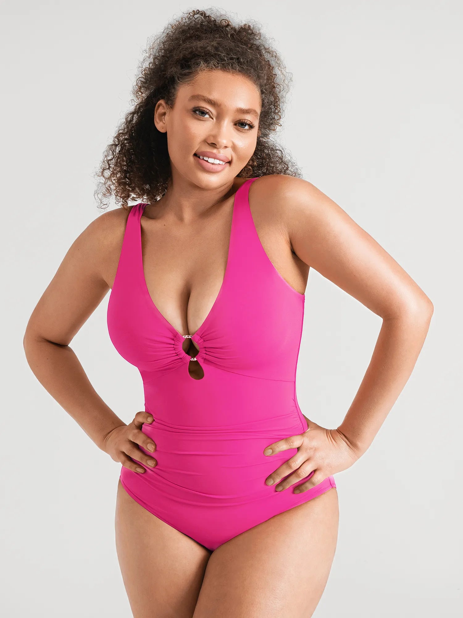 Feelingirl Deep V Metal Ring Ruched Sculpting Swimsuit