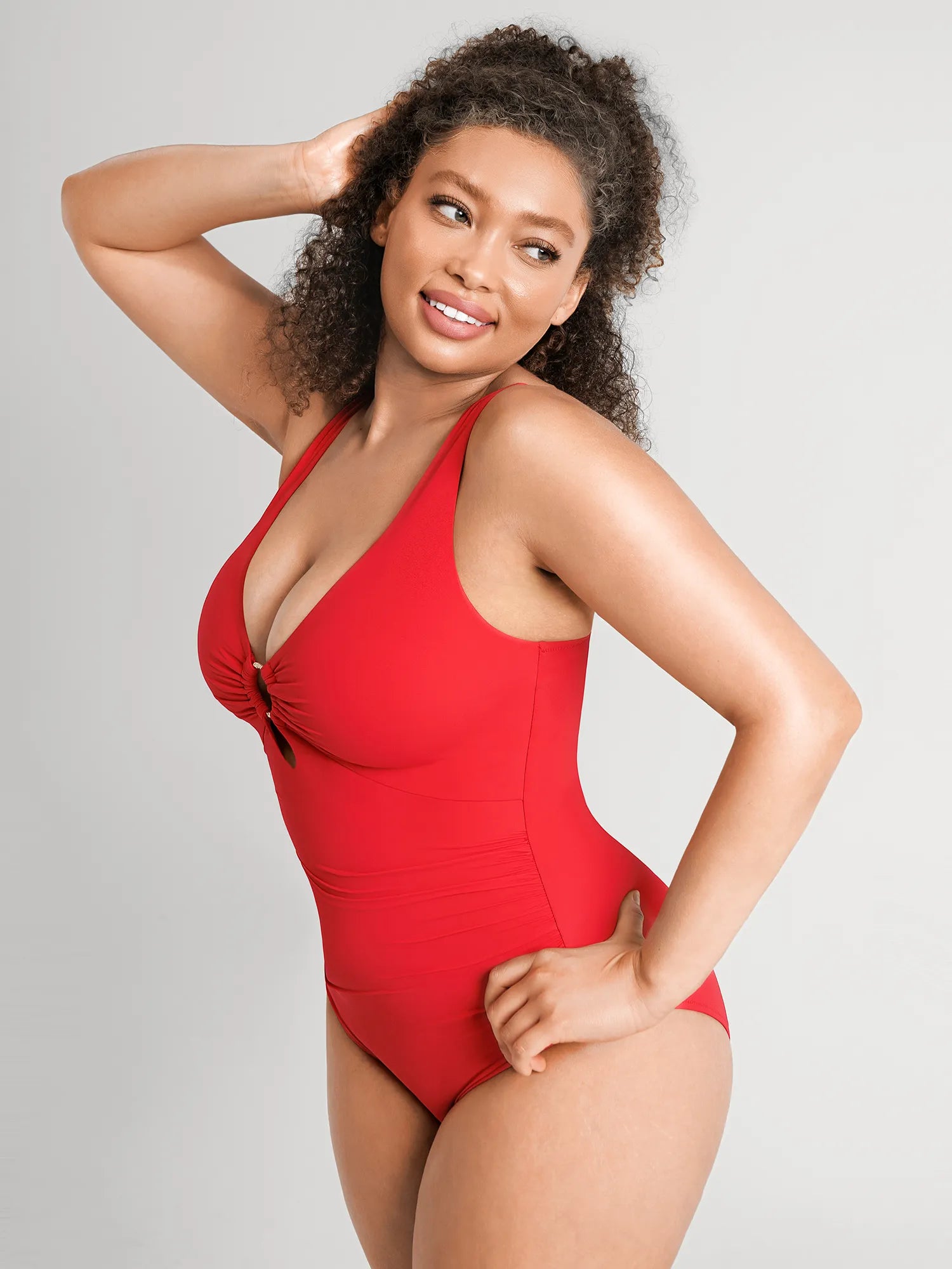 Feelingirl Deep V Metal Ring Ruched Sculpting Swimsuit