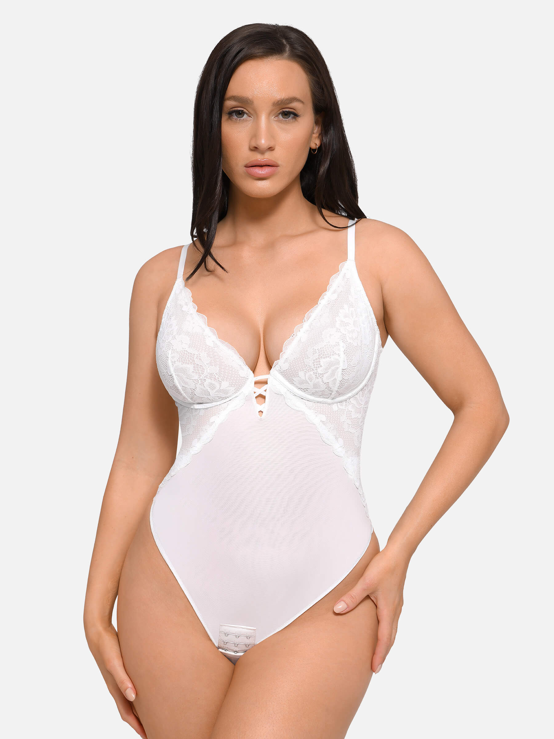 Feelingirl V Neck Elegant Lace Shaping Thongs Bodysuit
