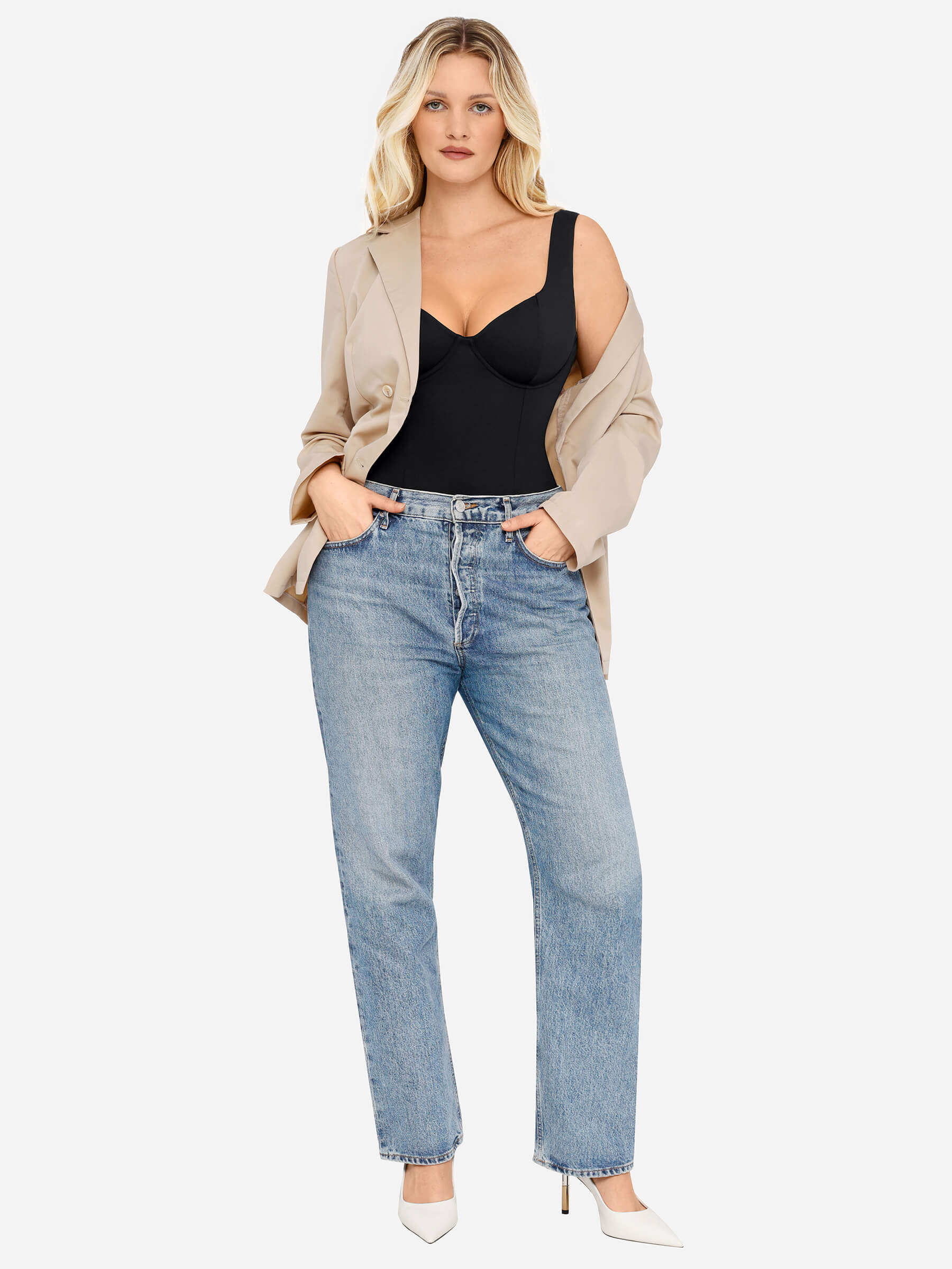 Feelingirl Full Body Wide Strap V-Neck Bodysuit [BOGO]